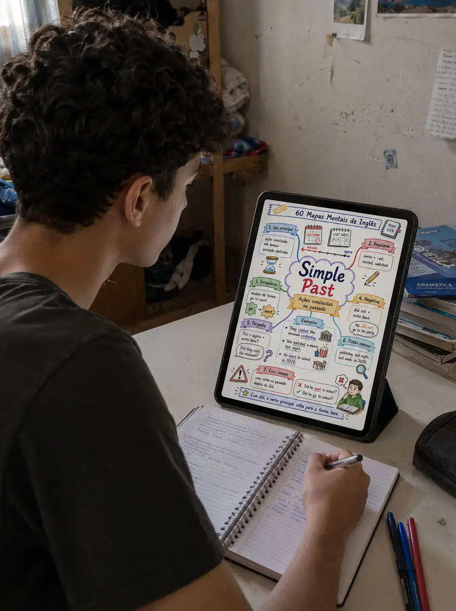 Estudante revisando Simple Past no tablet