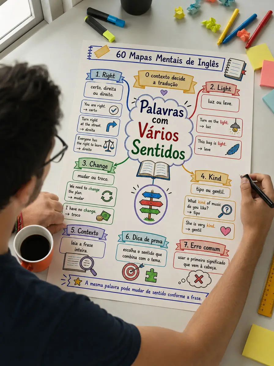 Estudante anotando mapa de palavras com vários sentidos