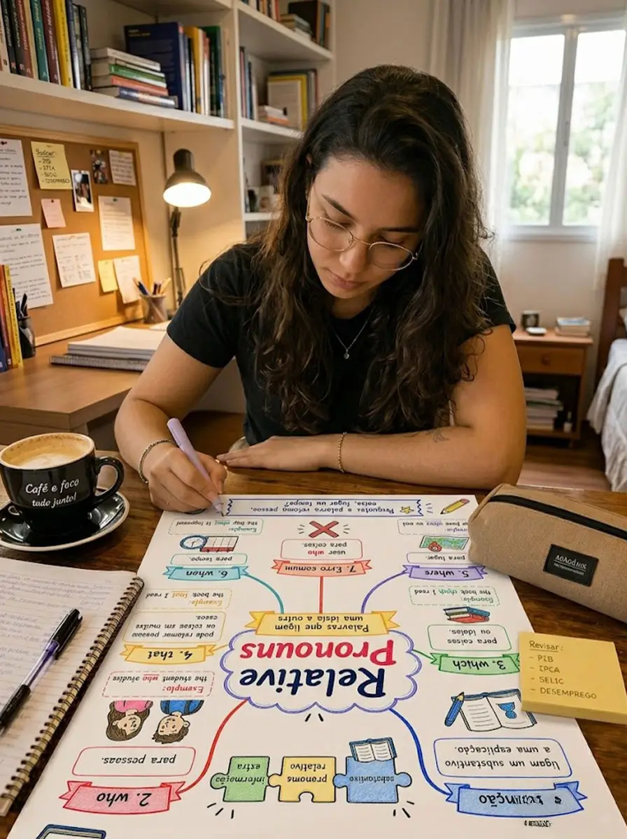 Estudante usando mapa mental de pronomes relativos